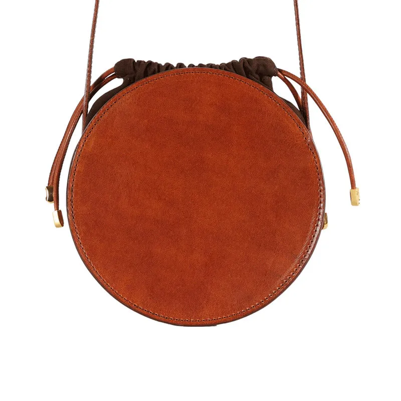Womens Round Tan Leather Crossbody Bag Circle Bag Purse Shoulder Bag