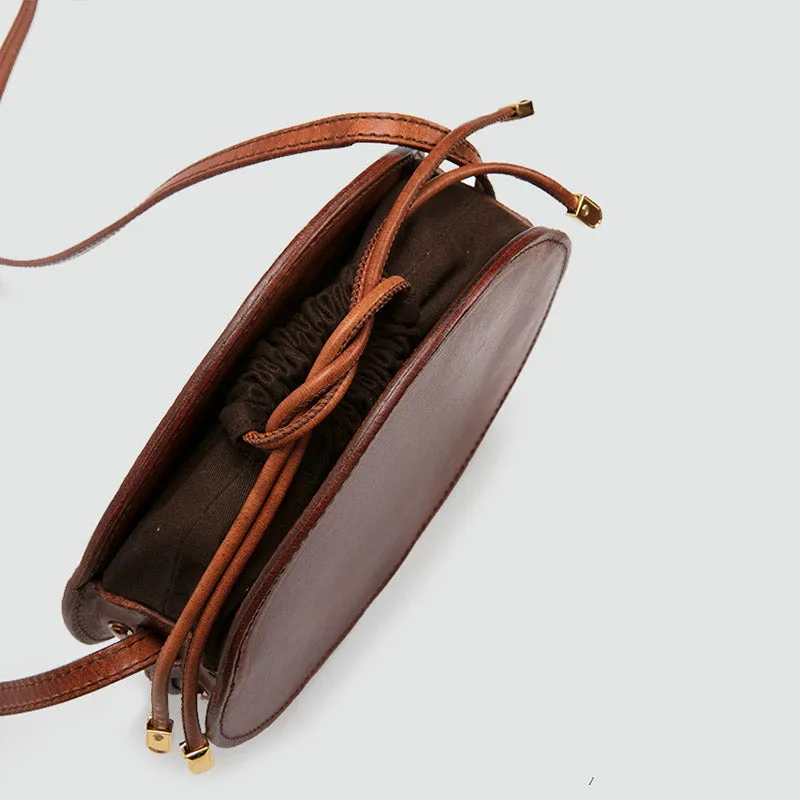 Womens Round Tan Leather Crossbody Bag Circle Bag Purse Shoulder Bag