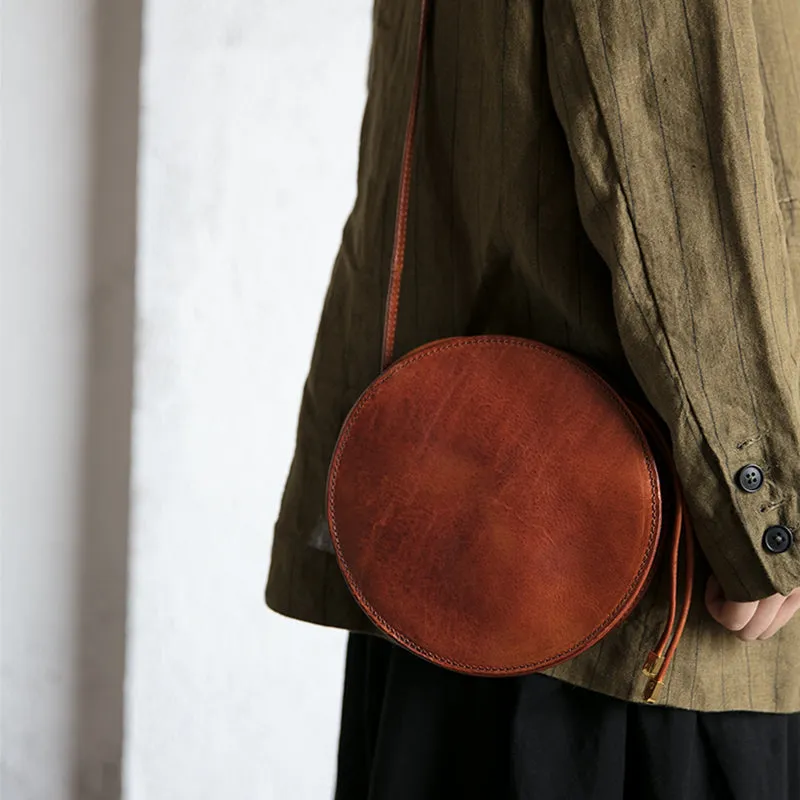 Womens Round Tan Leather Crossbody Bag Circle Bag Purse Shoulder Bag