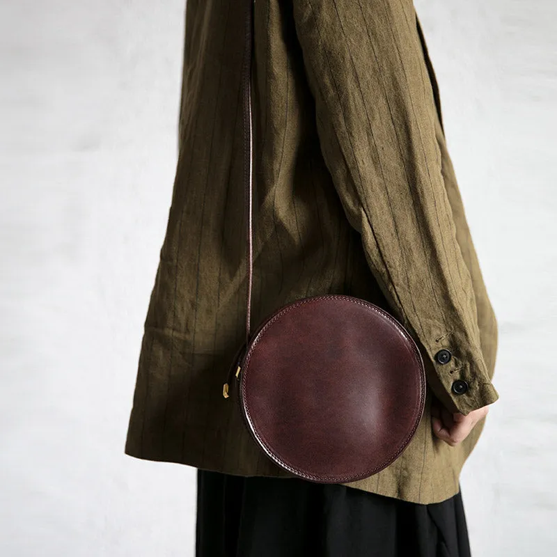Womens Round Tan Leather Crossbody Bag Circle Bag Purse Shoulder Bag