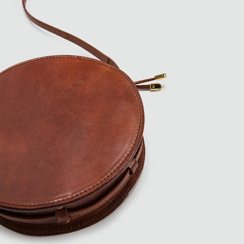Womens Round Tan Leather Crossbody Bag Circle Bag Purse Shoulder Bag