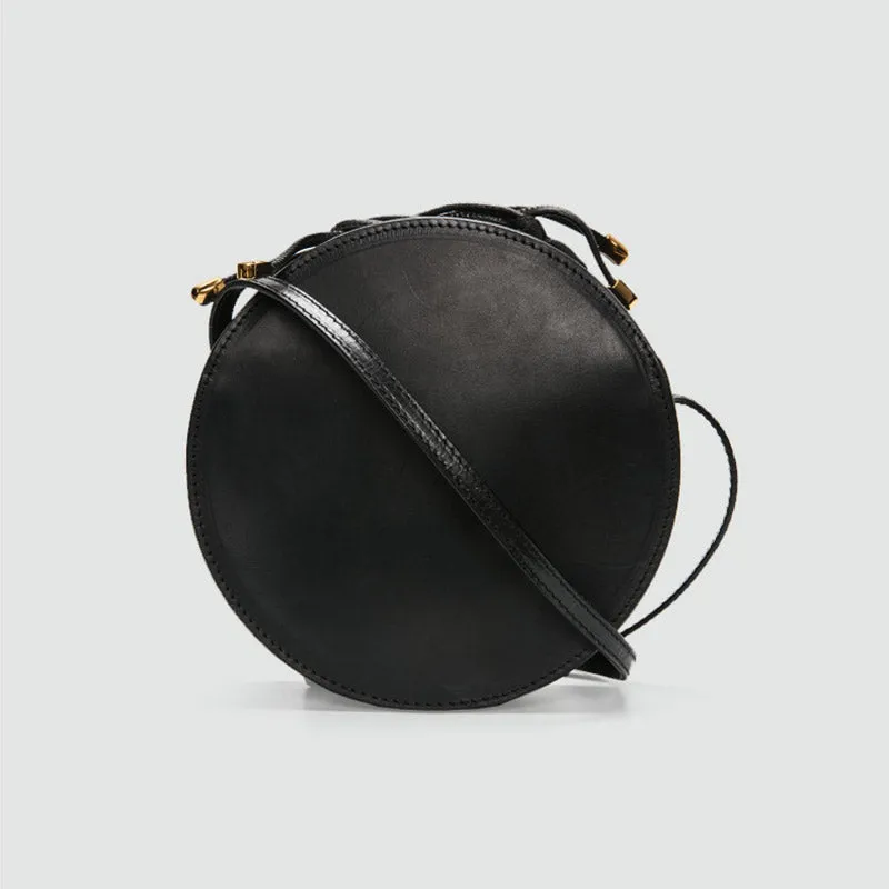 Womens Round Tan Leather Crossbody Bag Circle Bag Purse Shoulder Bag