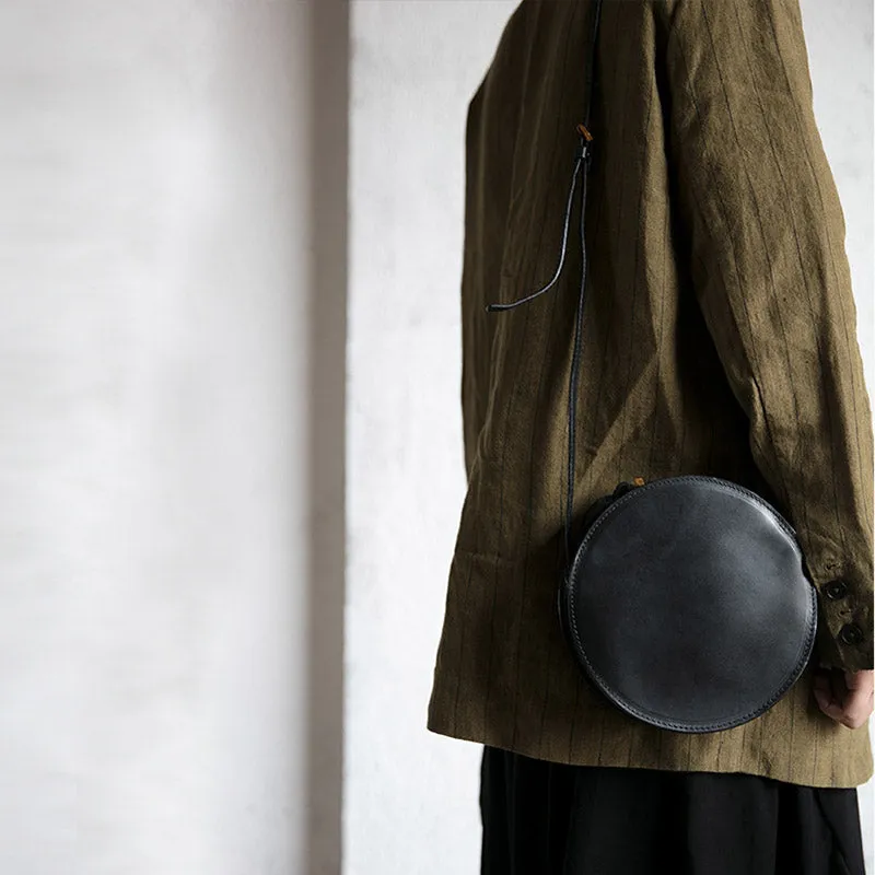 Womens Round Tan Leather Crossbody Bag Circle Bag Purse Shoulder Bag