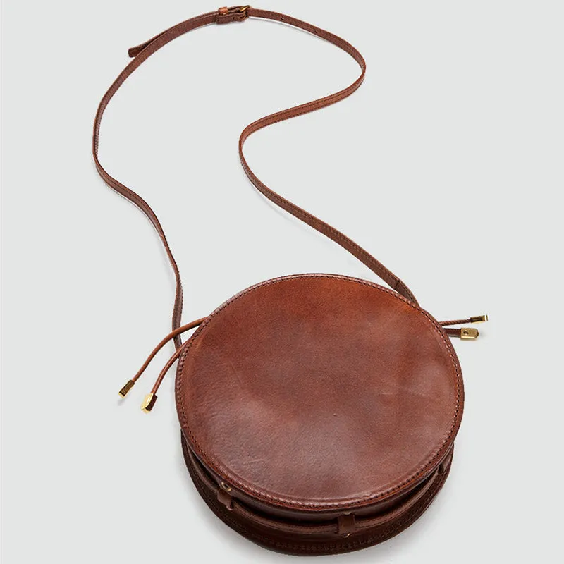 Womens Round Tan Leather Crossbody Bag Circle Bag Purse Shoulder Bag
