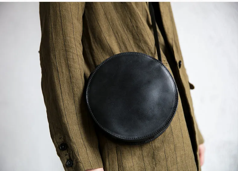 Womens Round Tan Leather Crossbody Bag Circle Bag Purse Shoulder Bag