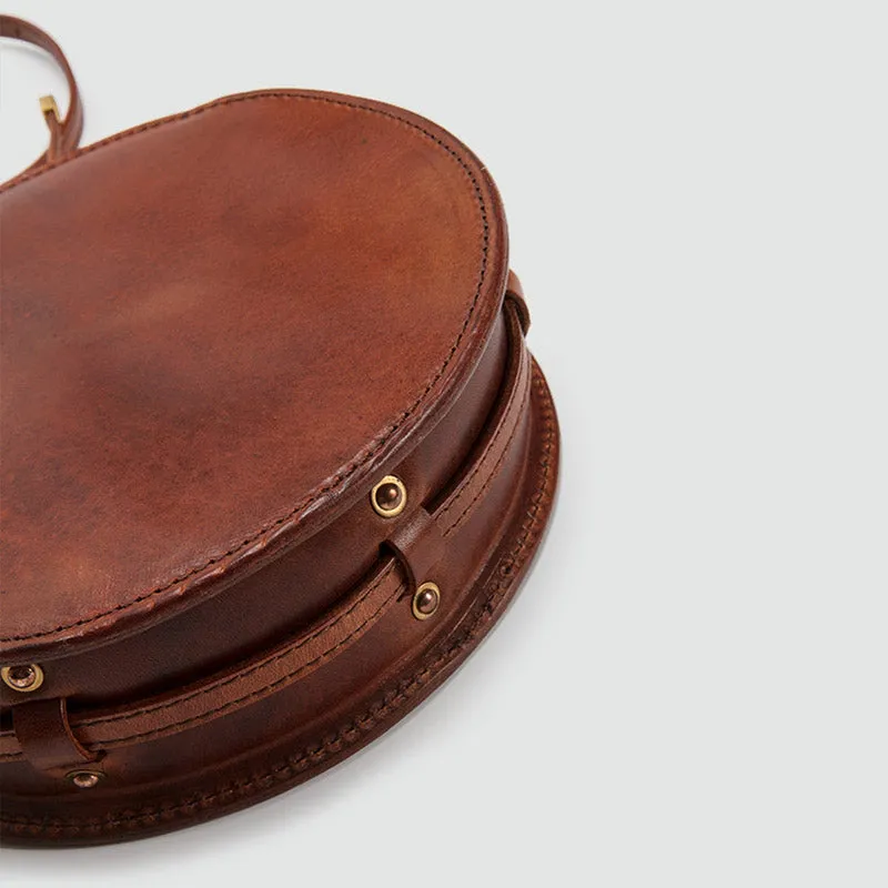 Womens Round Tan Leather Crossbody Bag Circle Bag Purse Shoulder Bag